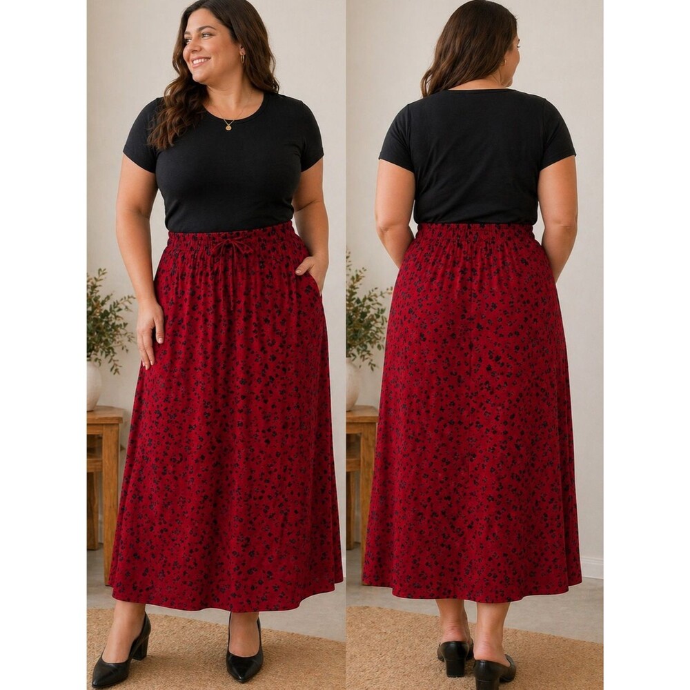 Red‎ Midi Skirt with Black Floral Print and Drawstring Waistband